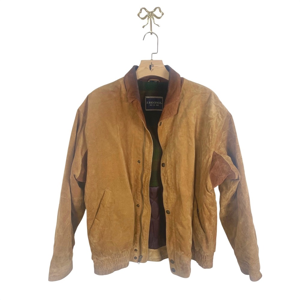 J. Riggins Vintage Tan Suede Leather Bomber Jacket Mens M Plaid Lined Western